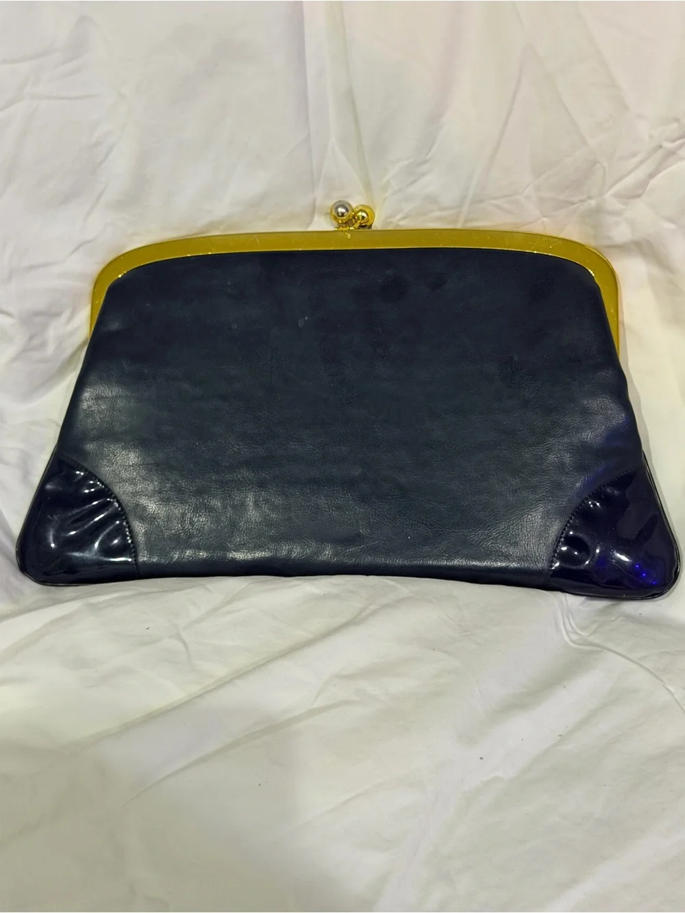 Navy Leather Frame Clutch with Gold Kiss-Lock